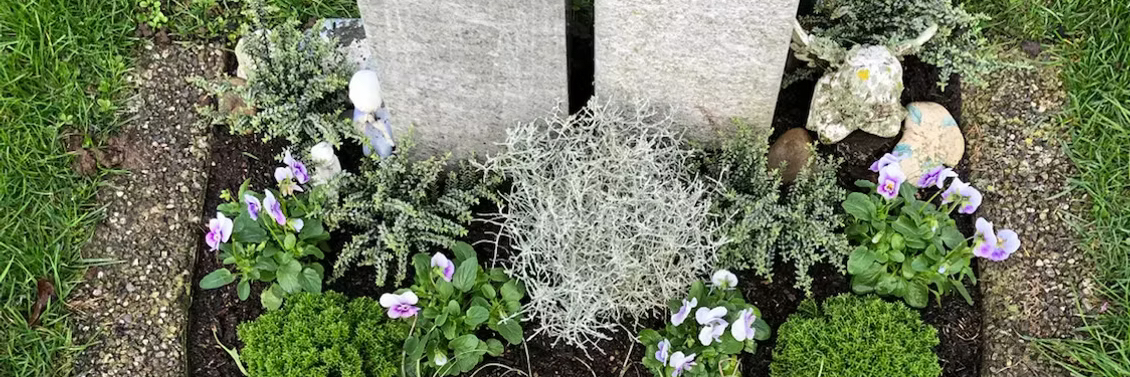 Grabpflege mit Blumen und Pflanzen